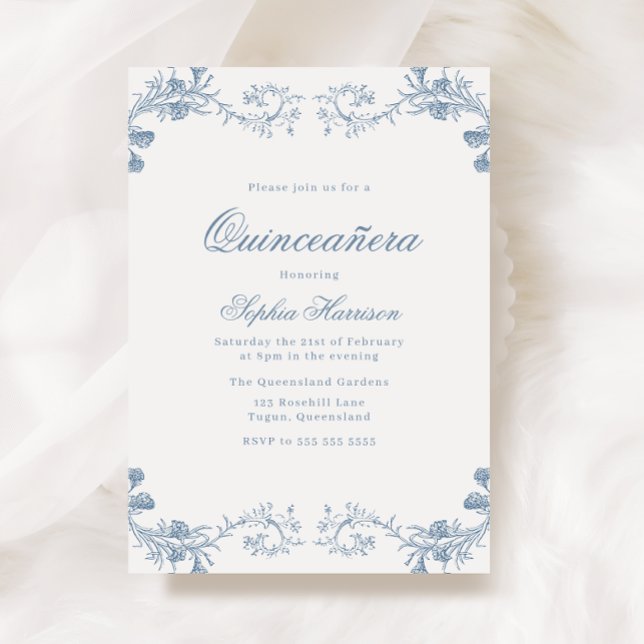 Convite Quinceanera Elegante Clássica Vintage Blue (Criador carregado)