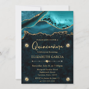 Convite Quinceanera Elegante com Brilho Azul e Dourado