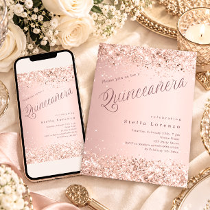 Convite Quinceanera elegante com escrita rosa dourado