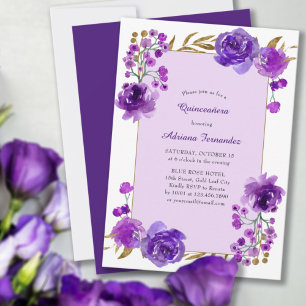Convite Quinceanera Elegante com Rosa púrpura e folha Dour