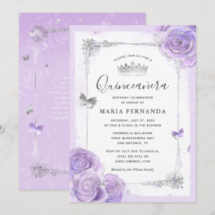 Convite Quinceanera Elegante de Rosas Roxos de Prata