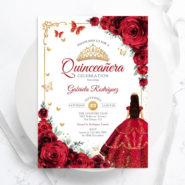 Convite Quinceanera Elegante de Rosas vermelhas Chic Doura (Criador carregado)
