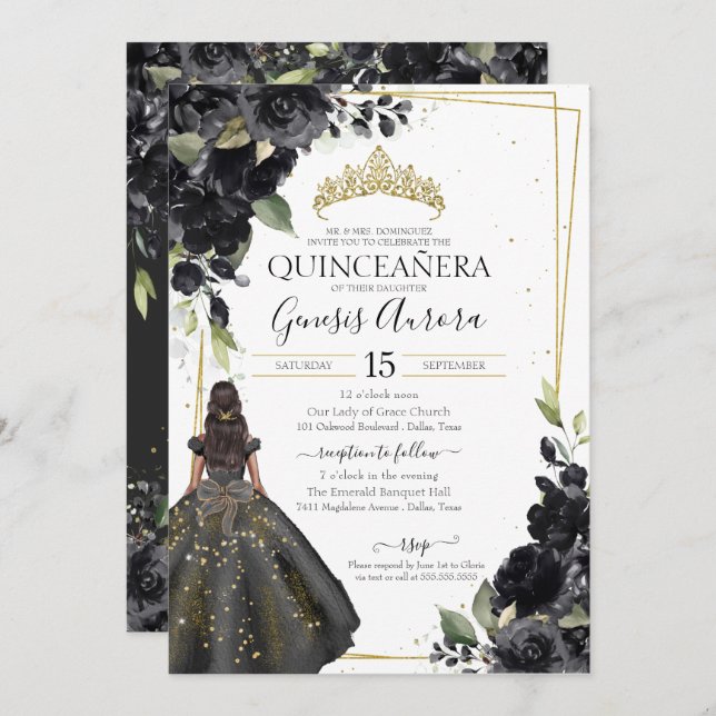 Convite Quinceanera Elegante de sotaque Dourado Floral Pre (Frente/Verso)
