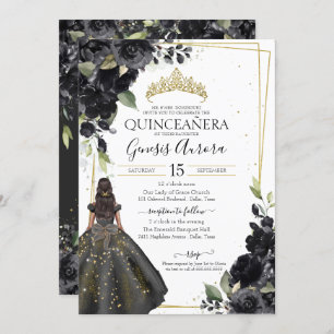 Convite Quinceanera Elegante de sotaque Dourado Floral Pre