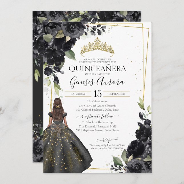 Convite Quinceanera Elegante de sotaque Dourado Floral Pre (Frente/Verso)