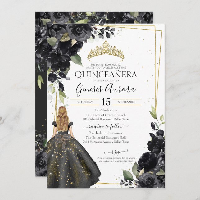 Convite Quinceanera Elegante de sotaque Dourado Floral Pre (Frente/Verso)