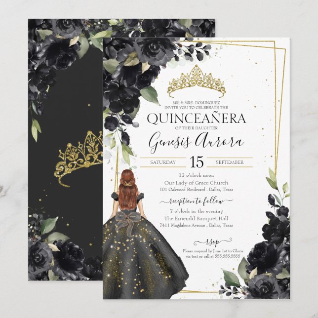 Convite Quinceanera Elegante de sotaque Dourado Floral Pre (Frente/Verso)