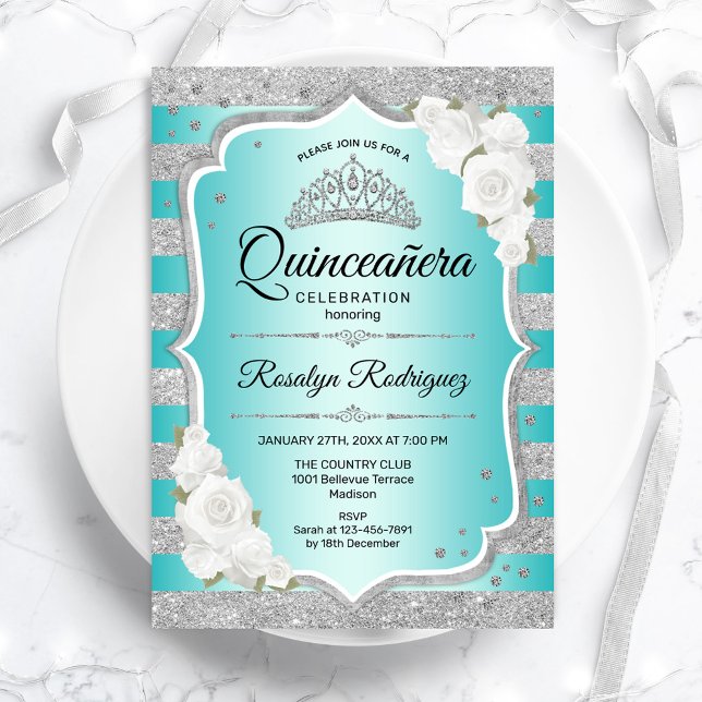 Convite Quinceanera Elegante de Teal Silver (Criador carregado)