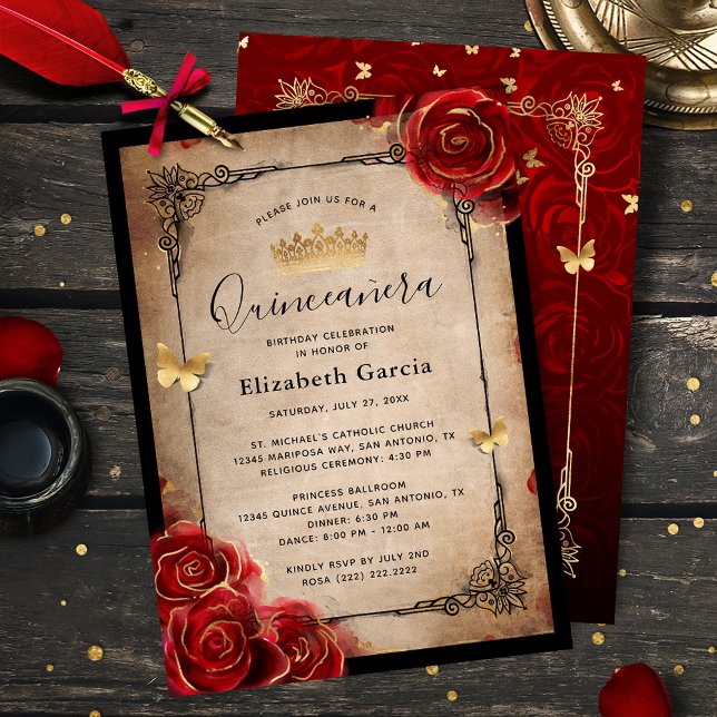 Convite Quinceanera Elegante Dourada da Rosa vermelha Vint (Elegant black, red and gold quinceanera invitations that are easy to personalize.)