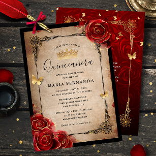 Convite Quinceanera Elegante Dourada da Rosa vermelha Vint