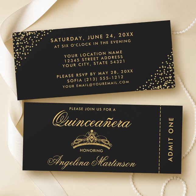 Convite Quinceanera Elegante Dourada e Bilhete Preto (Customize to change text style or text size.)