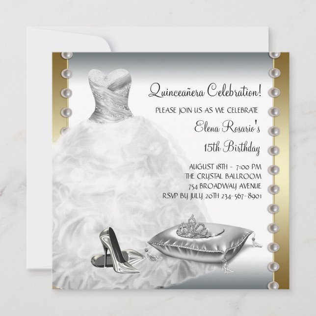 Convite Quinceanera Elegante Dourada e Branca (Frente)