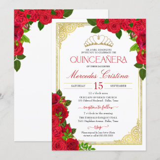 Convite Quinceañera Elegante Dourada e branca das rosas ve