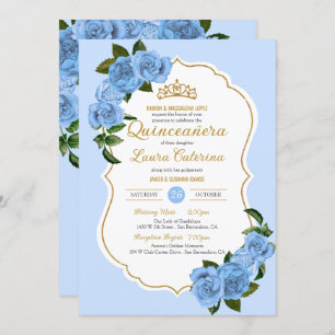 Convite Quinceanera Elegante Dourada e Rosa Azul Bebê