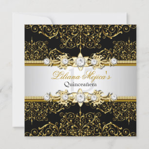 Convite Quinceanera Elegante Dourado e Black Swirl Damask