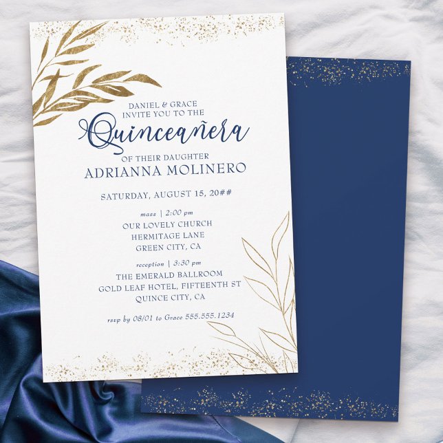 Convite Quinceanera Elegante e Folha Dourada Real (Elegant invitation to Quinceanera & church blessing white, blue and gold - my Gold Leaf Collection)