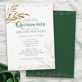 Convite Quinceanera Elegante e Folha Verde e Dourada
