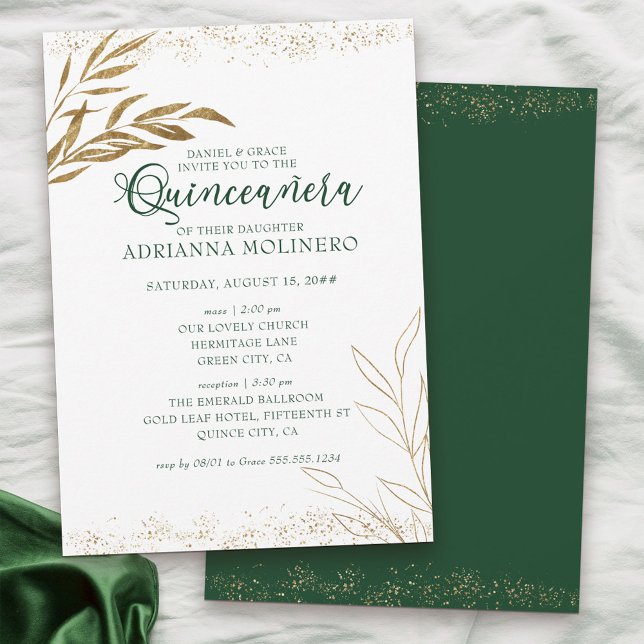 Convite Quinceanera Elegante e Folha Verde e Dourada (Emeral Green White & Gold Invitation to Quinceanera and Church Ceremony)