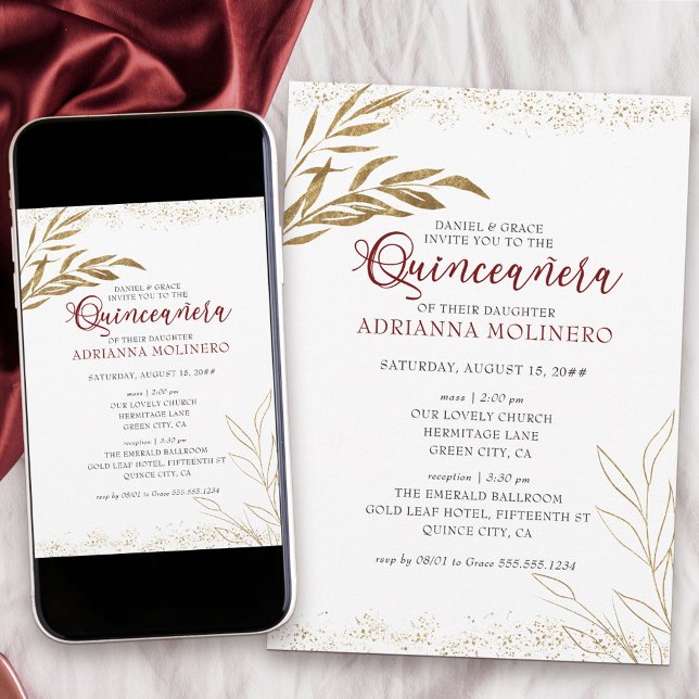Convite Quinceanera Elegante e Folha Vermelha e Dourada (Elegant invitation to Quinceanera & church blessing white, blue and gold - my Gold Leaf Collection)