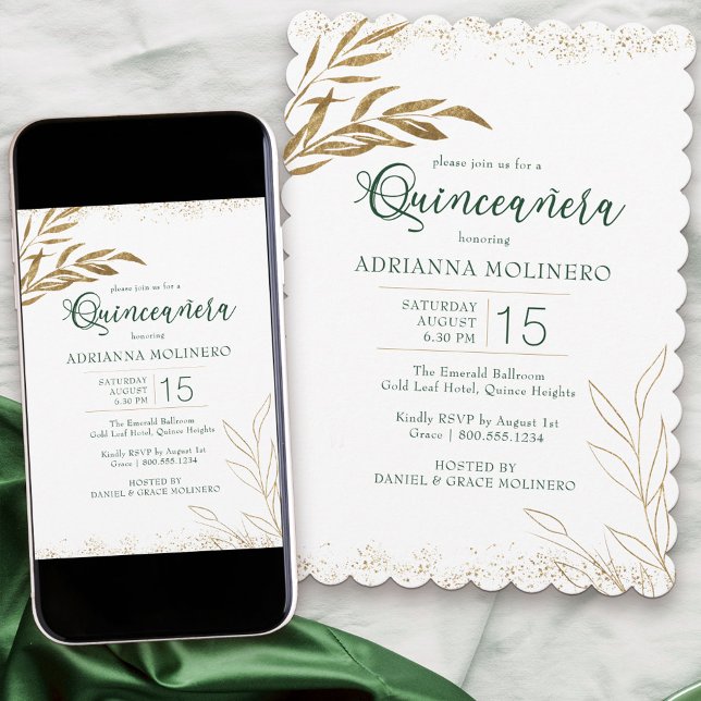 Convite Quinceanera Elegante Emerald Green e Folha Dourada (Modern Quinceanera invitation in white gold and emerald green from my Gold Leaf Collection)