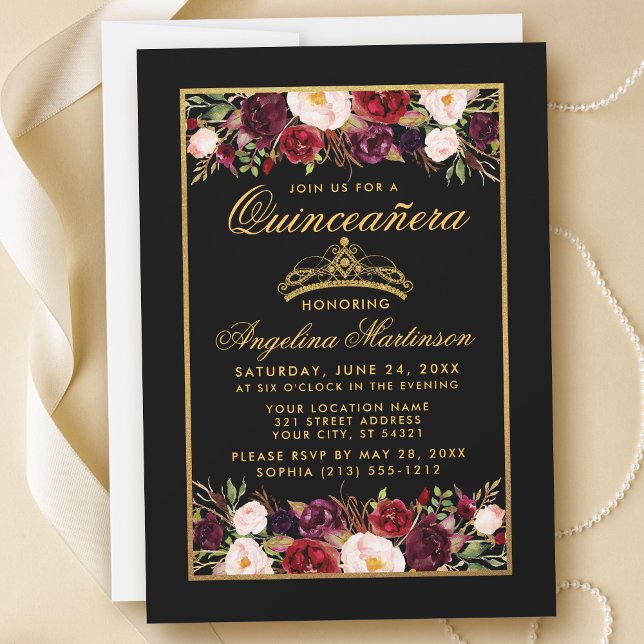 Convite Quinceanera Elegante Frame Floral Dourado Coroa Ne (Criador carregado)