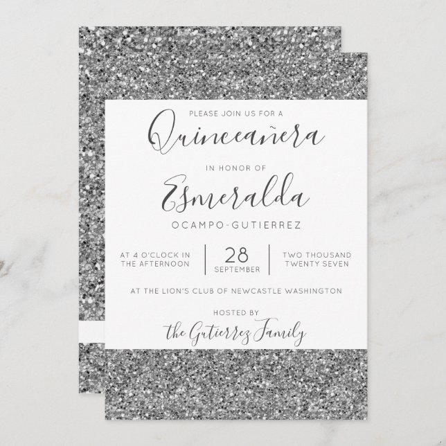 Convite Quinceanera Elegante Glitter Sparkle (Frente/Verso)