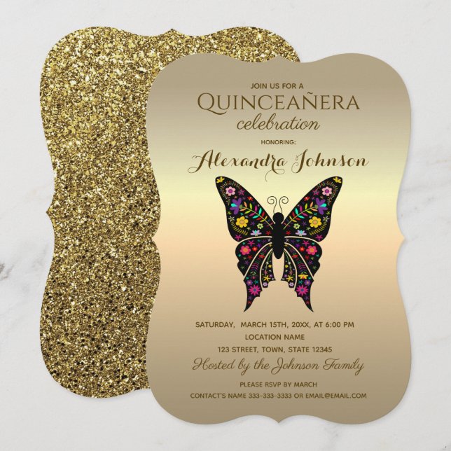 Convite Quinceanera Elegante Preto e Dourado (Frente/Verso)