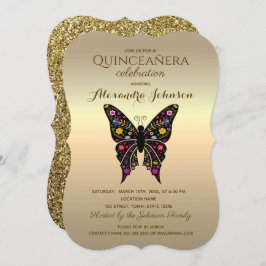Convite Quinceanera Elegante Preto e Dourado