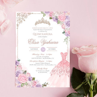 Convite Quinceanera Elegante Púrpura, Lavanda Rosa Esbranq