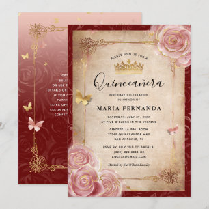 Convite Quinceanera Elegante Rosa de Aquarela Rosa Dourada