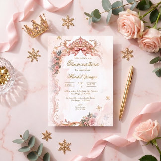 Convite Quinceañera elegante rosa e dourado