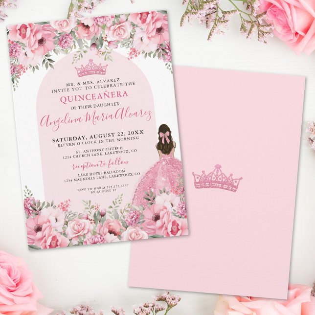 Convite Quinceanera Elegante Rosa Floral Rosa (Elegant Floral Rose Pink Quinceanera Invitation)