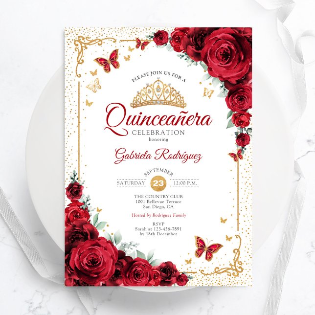 Convite Quinceanera Elegante Rosas vermelhas Chic Douradas (Criador carregado)