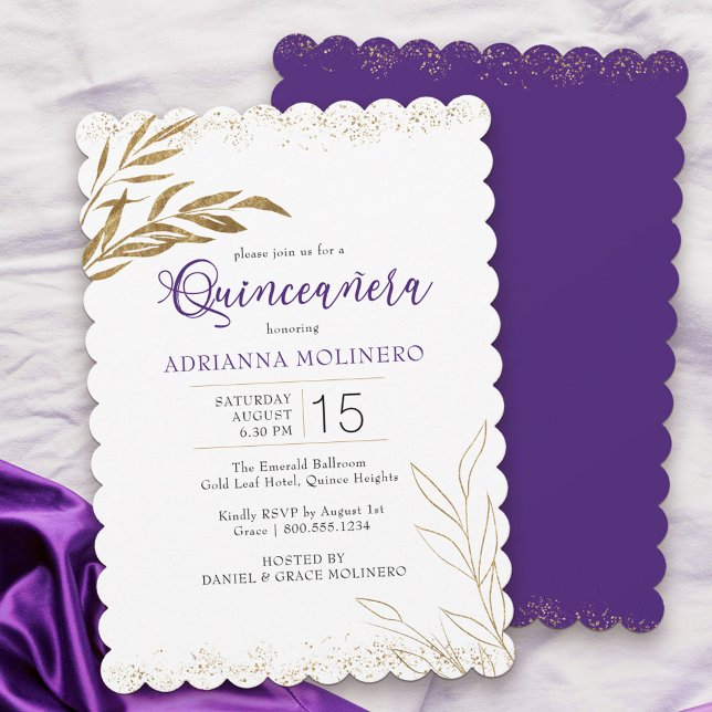 Convite Quinceanera Elegante Roxo e Folha Dourada (Modern Quinceanera invitation in white, purple and gold from my Gold Leaf Collection)