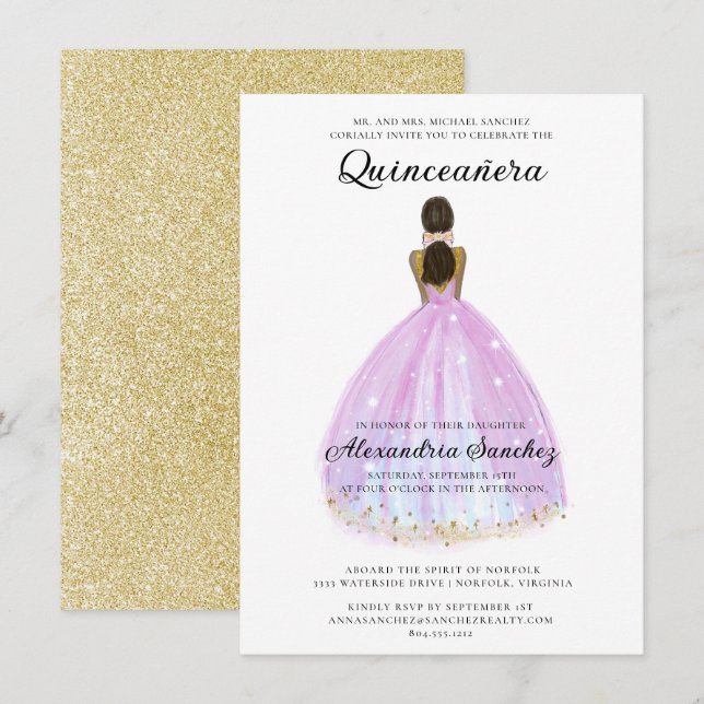 Convite Quinceanera Elegante Roxo e Glitter Dourado (Frente/Verso)