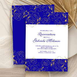 Convite Quinceanera Elegante Royal Blue e Dourado Floral