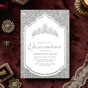Convite Quinceanera Elegante Silver Glittery