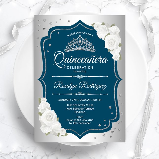 Convite Quinceanera Elegante Teal Silver (Criador carregado)