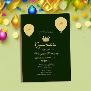 Convite quinceañera elegante verde e ouro