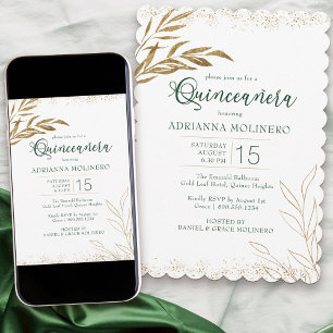 Convite Quinceanera Elegante Verde Esmeralda e Folha de Ou