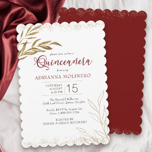 Convite Quinceanera Elegante Vermelho e Folha de Ouro