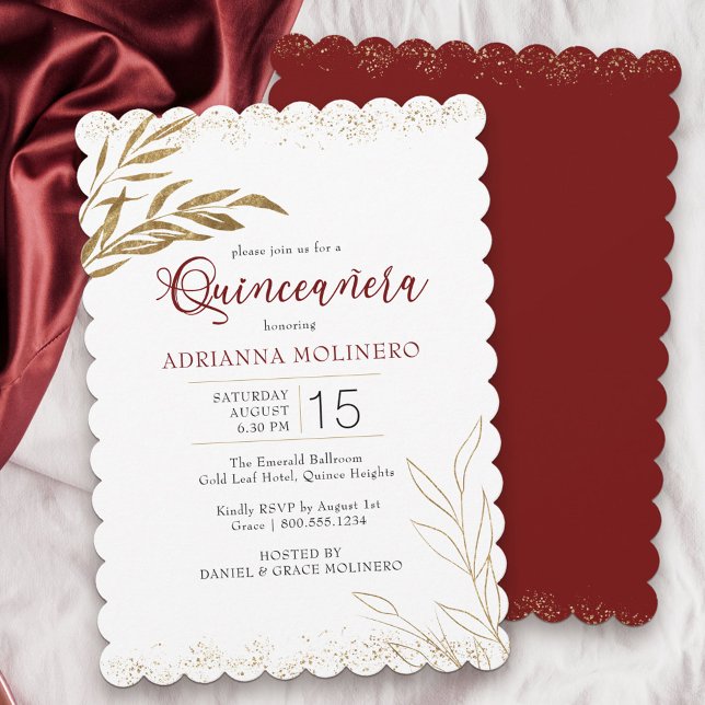 Convite Quinceanera Elegante Vermelho e Folha Dourada (Modern Quinceanera invitation in white, red and gold from my Gold Leaf Collection)