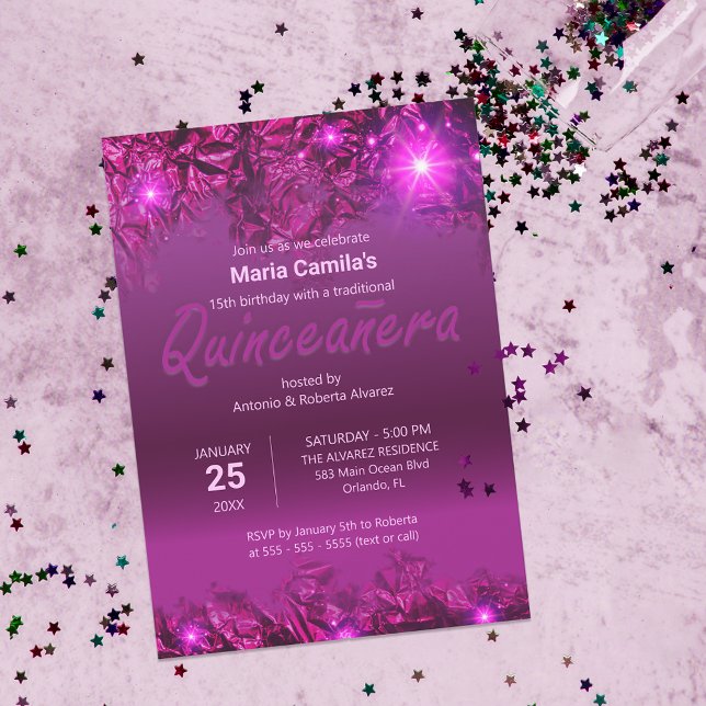 Convite Quinceañera Elegante Xíbia Roxa Moderna (Criador carregado)