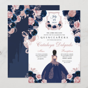 Convite Quinceañera, Elegente Floral Rosa-marinho