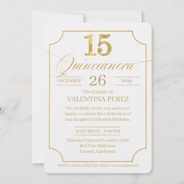 Convite Quinceanera em Dourado idioma inglês com foto (Verso)