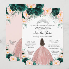 Convite Quinceañera Emerald Blush Princesa Floral Silver
