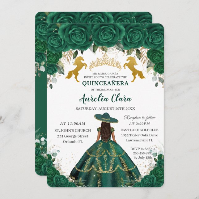 Convite Quinceañera Emerald Floral Princesa Dourada Cavalo (Frente/Verso)