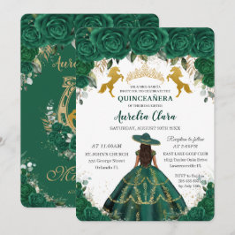 Convite Quinceañera Emerald Floral Princesa Dourada Cavalo
