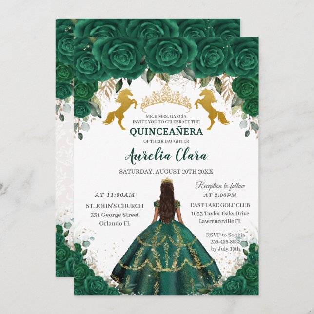 Convite Quinceañera Emerald Floral Princesa Dourada Cavalo (Frente/Verso)