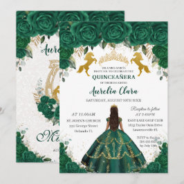 Convite Quinceañera Emerald Floral Princesa Dourada Cavalo